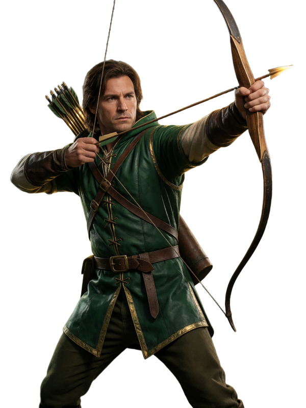 Robin-Hood-artiger Bogensch&uuml;tze in gr&uuml;ner Lederweste mit Langbogen auf leuchtendes goldenes Ziel gerichtet - WildRobin Casino Spiele Maskottchen