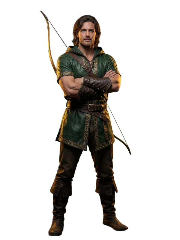 Robin-Hood-artiger Abenteurer mit Langbogen und Goldm&uuml;nzen im dunklen Wald - WildRobin Casino Bonus