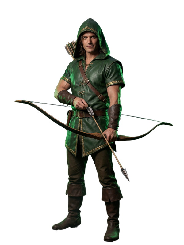 Robin-Hood-artiger Abenteurer mit Langbogen und gezogenem Pfeil im nebeligen Wald - WildRobin Casino Maskottchen