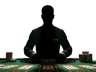 Live-Dealer-Silhouette am Kartentisch mit Spotlicht - Live Casino Kategorie bei WildRobin