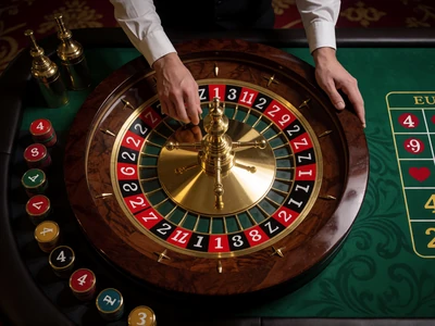 Live-Dealer-Roulettetisch mit goldenem Rad im WildRobin Live Casino