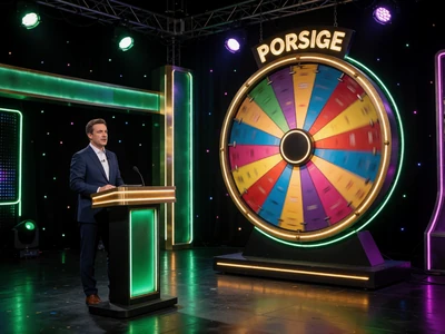 Live-Game-Show-Studio mit bunten Lichtern und gro&szlig;em Gl&uuml;cksrad bei WildRobin