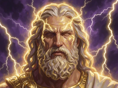 Zeus mit Blitz auf lila Sturmhintergrund - Gates of Olympus Slot bei WildRobin Casino