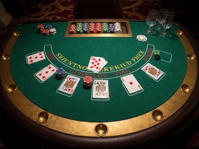 Blackjack-Tisch mit gr&uuml;nem Filz und Spielkarten im WildRobin Casino