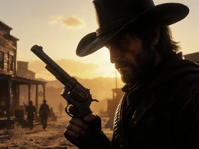 Cowboy-Gunslinger-Silhouette in westlicher Stadt - Wanted Dead or a Wild Slot bei WildRobin